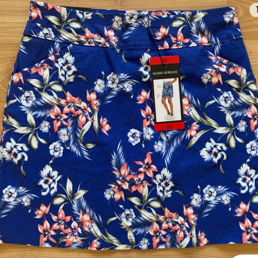 Mario Serrani Pull On Stretch Skort Skirt Blue Floral Medium W/ Tummy Control